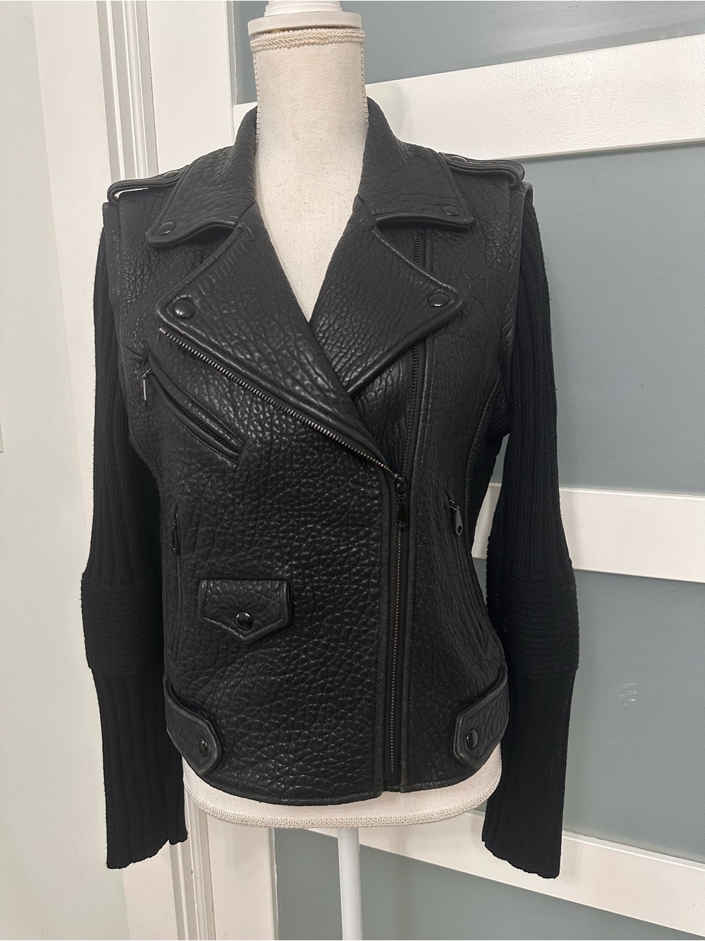 Rebecca Minkoff Black Lamb Leather Moto Jacket Wool Sleeves Rocker Chic GUC